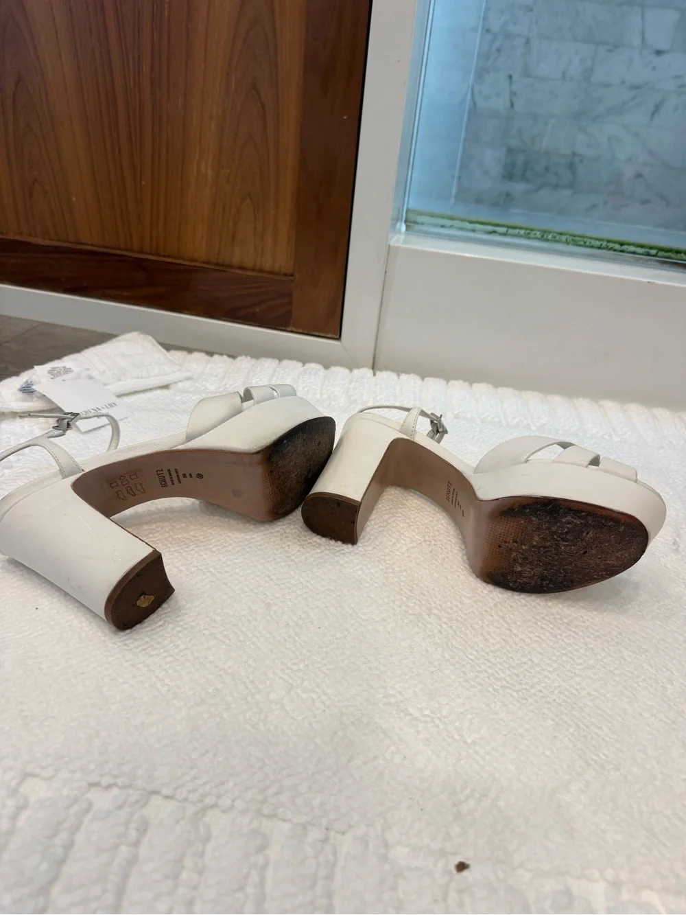 SCHUTZ White Platform Slingback Sandals with Blue Insole